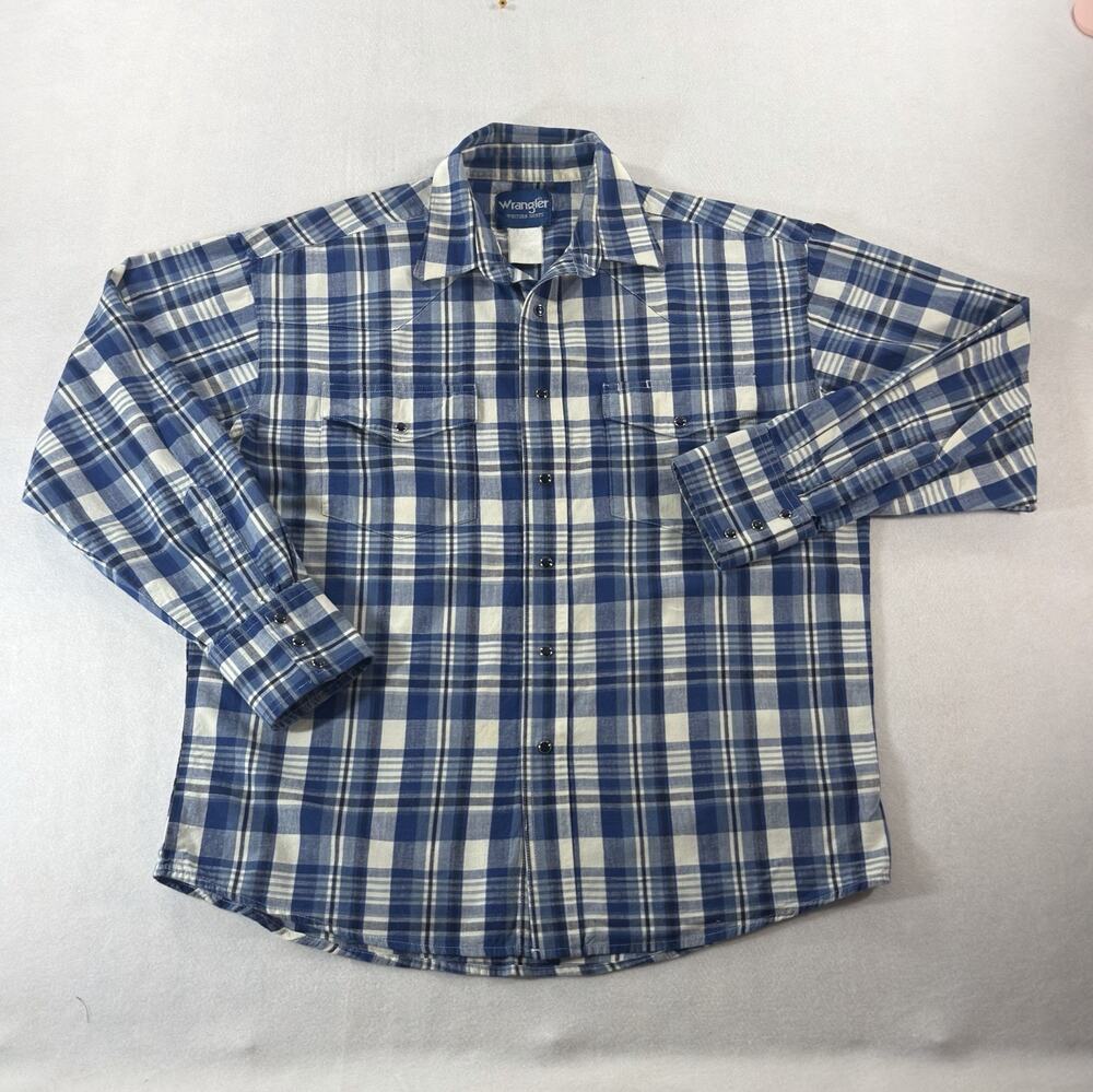 Wrangler Blue Plaid Western Pearl Snap Shirt Approx XL Fit